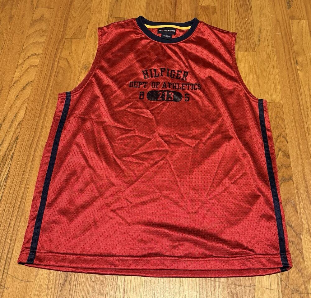 Hilfiger Athletics Shirt Mens Large Red Mesh Basketball Jersey Tank 213 Top